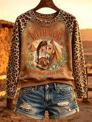Women's Christian Cowgirl Western Faith Horse Print Raglan Sleeve Sweatshirt