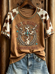 Women's Western Faith Horses & Cowgirl Soul Print Round Neck Short Sleeve T-shirt