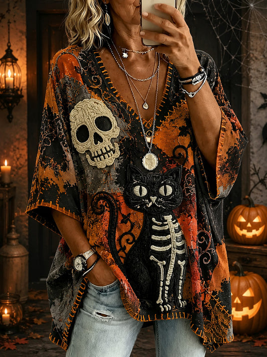 Women's Halloween Black Cat Printed V-neck T-shirt