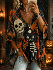 Women's Halloween Black Cat Printed V-neck T-shirt