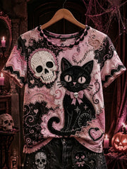 Women's Halloween Black Cat Printed T-shirt