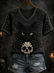 Women's Halloween Black Cat Printed V-neck T-shirt