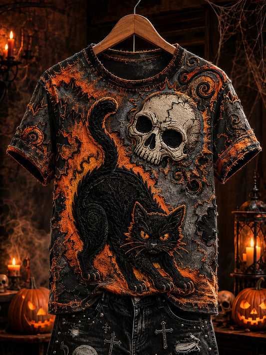 Women's Halloween Black Cat Printed T-shirt