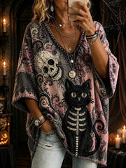 Women's Halloween Black Cat Printed V-neck T-shirt