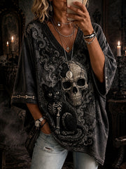 Women's Halloween Black Cat Printed V-neck T-shirt