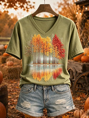 Women's Vintage Fall Trees Print Cozy Short-sleeved T-shirt