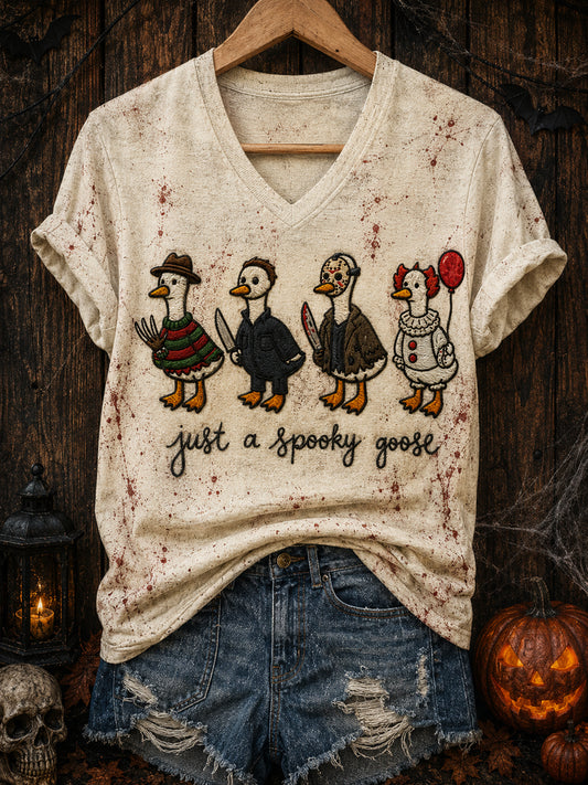 Women's Halloween “just a spooky goose” Printed V-neck T-shirt