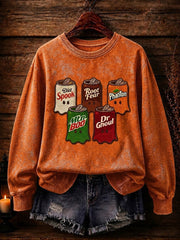 Women's Spooky Soda Can Halloween Ghost Print Sweatshirt