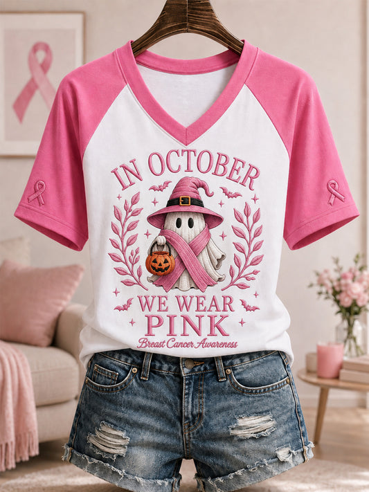 Women's In October We Wear Pink Halloween Pink Ghost Print Breast Cancer Awareness Support V-Neck Tee