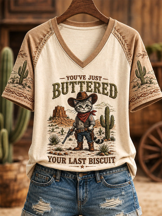 Women's You’ve Just Buttered Your Last Biscuit Print Casual V-Neck Tee