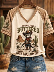 Women's You’ve Just Buttered Your Last Biscuit Print Casual V-Neck Tee