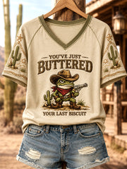 Women's You’ve Just Buttered Your Last Biscuit Print Casual V-Neck Tee