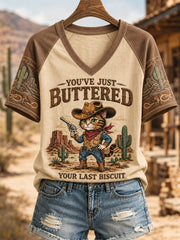 Women's You’ve Just Buttered Your Last Biscuit Print Casual V-Neck Tee