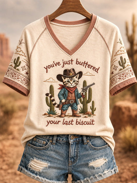 Women's You’ve Just Buttered Your Last Biscuit Print Casual V-Neck Tee