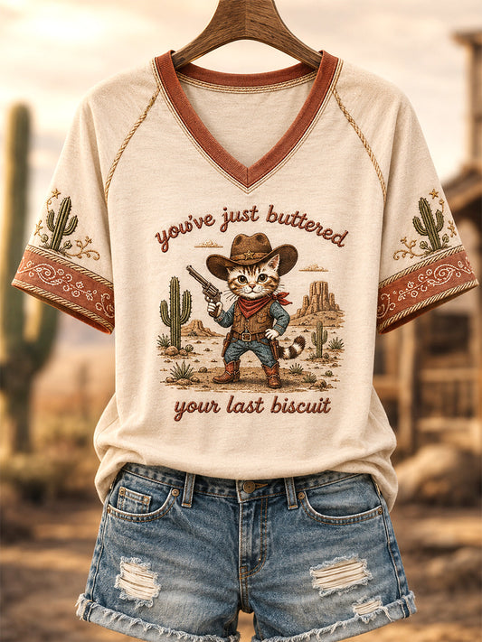 Women's You’ve Just Buttered Your Last Biscuit Print Casual V-Neck Tee