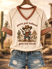 Women's You’ve Just Buttered Your Last Biscuit Print Casual V-Neck Tee