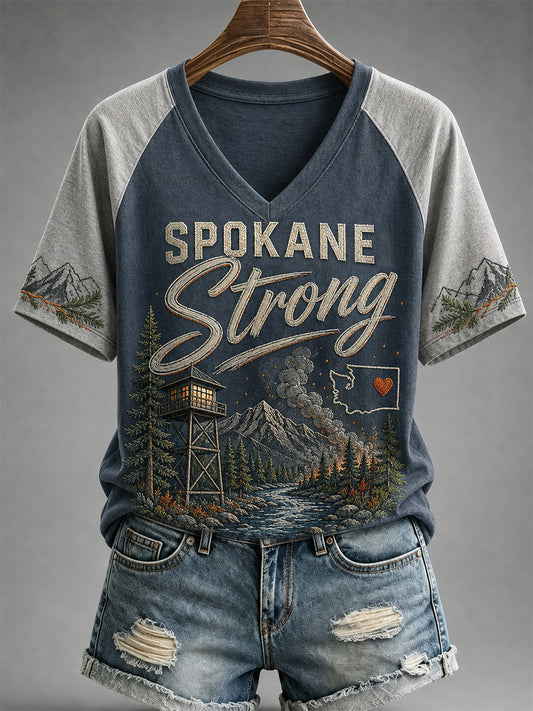 Women's Pray For Spokane Complex Fire Print Casual V-Neck Tee