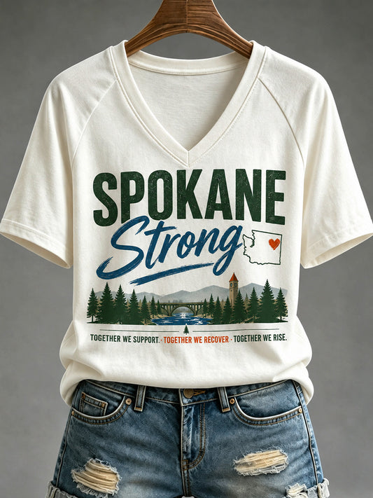 Women's Pray For Spokane Complex Fire Print Casual V-Neck Tee
