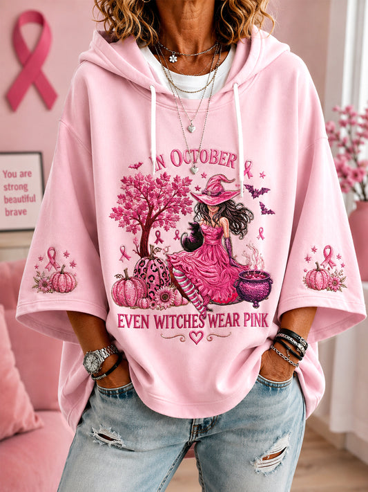 Women’s In October Even Witches Wear Pink Breast Cancer Awareness Support 3/4Sleeve Hoodie