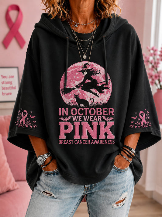Women’s In October We Wear Pink Halloween Pink Witch Print Breast Cancer Awareness Support 3/4 Sleeve Hoodie