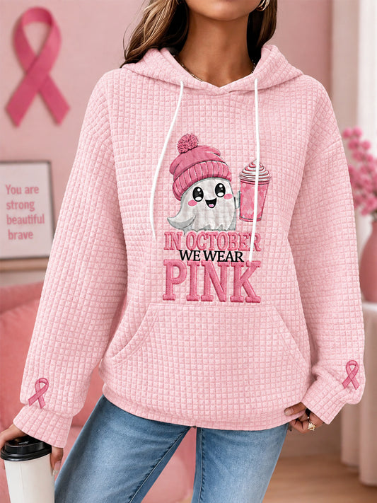 Women's In October We Wear Pink Halloween Pink Ghost Print Breast Cancer Awareness Support Waffle Hoodie