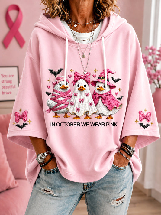 Women's In October We Wear Pink Halloween Pink Ghost Print Breast Cancer Awareness Support 3/4 Sleeve Hoodie