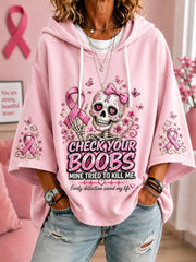 Women’s In October We Wear Pink Cheek Your Boos Skull Print Breast Cancer Awareness Support 3/4 Sleeve Hoodie