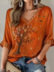 Women's Fall Mid-length Sleeves V-Neck T-Shirt