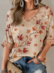 Women's Fall Mid-length Sleeves V-Neck T-Shirt