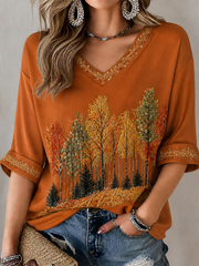 Women's Fall Mid-length Sleeves V-Neck T-Shirt