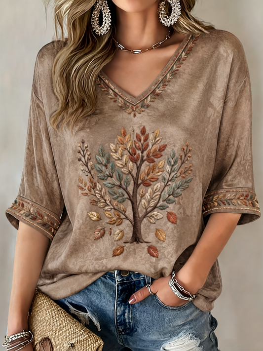 Women's Fall Trees Fall Leaves Printed Mid-length Sleeves V-Neck T-Shirt