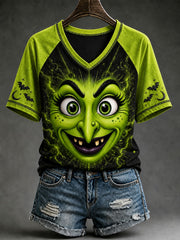 Women's Halloween Witch Face Printed V-neck T-shirt