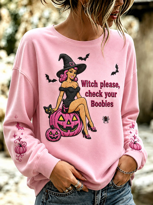 Women's In October We Wear Pink Halloween Pink Witch Print Breast Cancer Awareness Support Sweatshirt