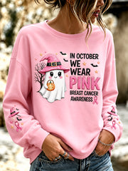 Women's In October We Wear Pink Halloween Pink Ghost Print Breast Cancer Awareness Support Sweatshirt