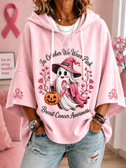 Women's In October We Wear Pink Halloween Pink Ghost Print Breast Cancer Awareness Support Short-Sleeve Hoodie