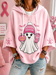 Women's In October We Wear Pink Halloween Pink Ghost Print Breast Cancer Awareness Support Short-Sleeve Hoodie