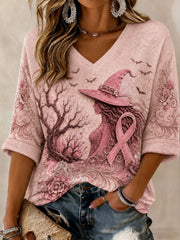 Women's Breast Cancer Mid-length Sleeves V-Neck T-Shirt