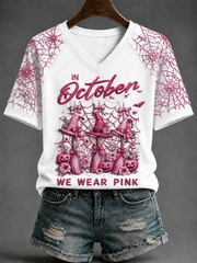 Women's In October We Wear Pink V-neck Off-shoulder Short-sleeved T-shirt