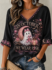 Women's In October We Wear Pink Mid-length Sleeves V-Neck T-Shirt