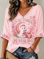 Women's In October We Wear Pink Mid-length Sleeves V-Neck T-Shirt