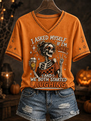 Women's I Asked Myself If I'm Okay And We Both Started Laughing Print Casual V-Neck Tee