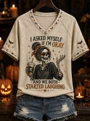 Women's I Asked Myself If I'm Okay And We Both Started Laughing Print Casual V-Neck Tee