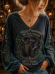 Women's Hello Darkness My Old Friend Halloween Witch Print V-neck T-shirt