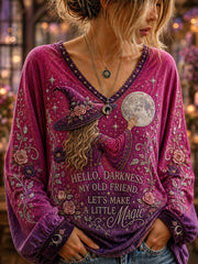 Women's Hello Darkness My Old Friend Halloween Witch Print V-neck T-shirt
