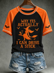 Women's Halloween Witch Black Cat Bat  I Can Drive A Stick Print Short-sleeve T-shirt