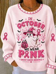 Women's Breast Cancer Prevention Awareness Pink October Ribbed Round-Neck Sweatshirt