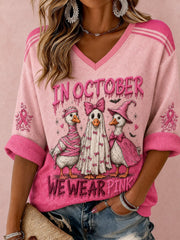 Women's In October We Wear Pink Printed Mid-length Sleeves V-neck T-shirt