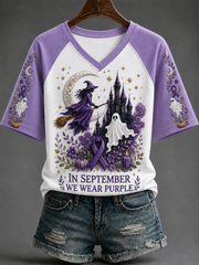 Women's In September We Wear Purple V-neck Off-shoulder Short-sleeved T-shirt