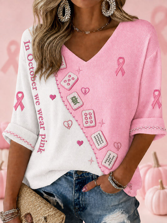 Women's "In October we wear pink" Mahjong Waffle V-neck Tops