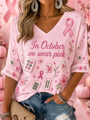 Women's "In October we wear pink" Mahjong Waffle V-neck Tops